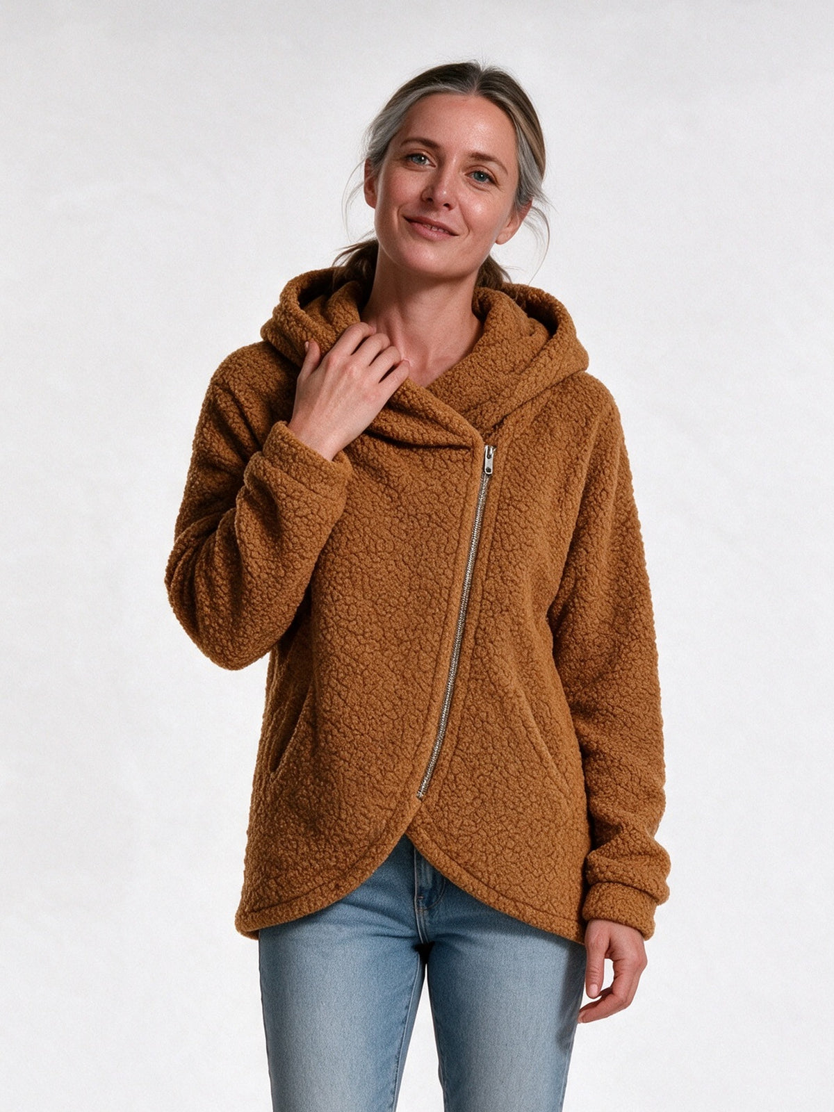 Saffron - Women's Fluffy Asymmetric Zip Hoodie - Caramel