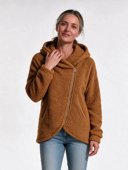 Saffron - Women's Fluffy Asymmetric Zip Hoodie - Caramel