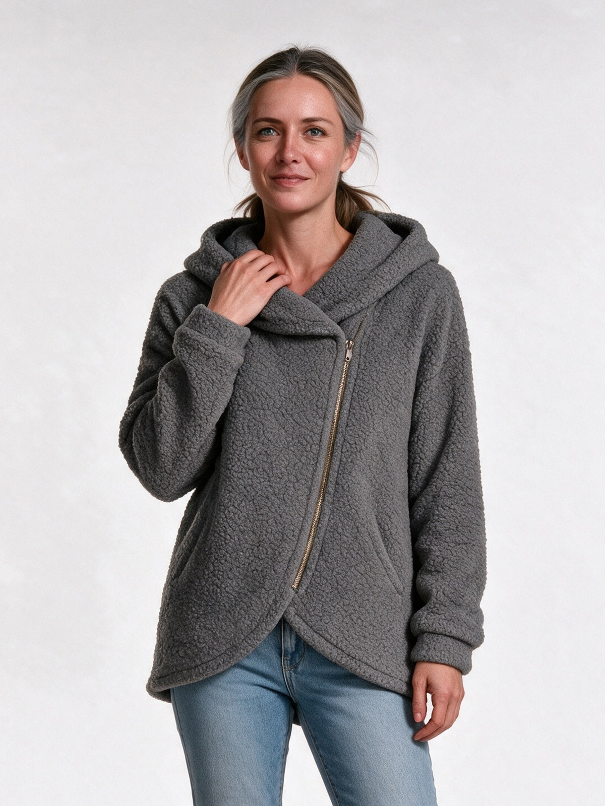 Saffron - Women's Fluffy Asymmetric Zip Hoodie - Grey