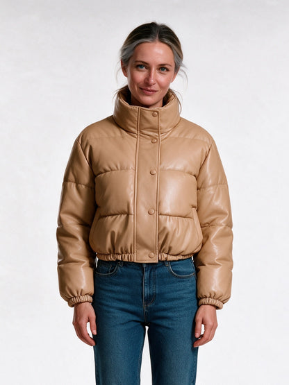 Suellen - Women's Cropped Glossy Quilted Puffer Jacket - Camel