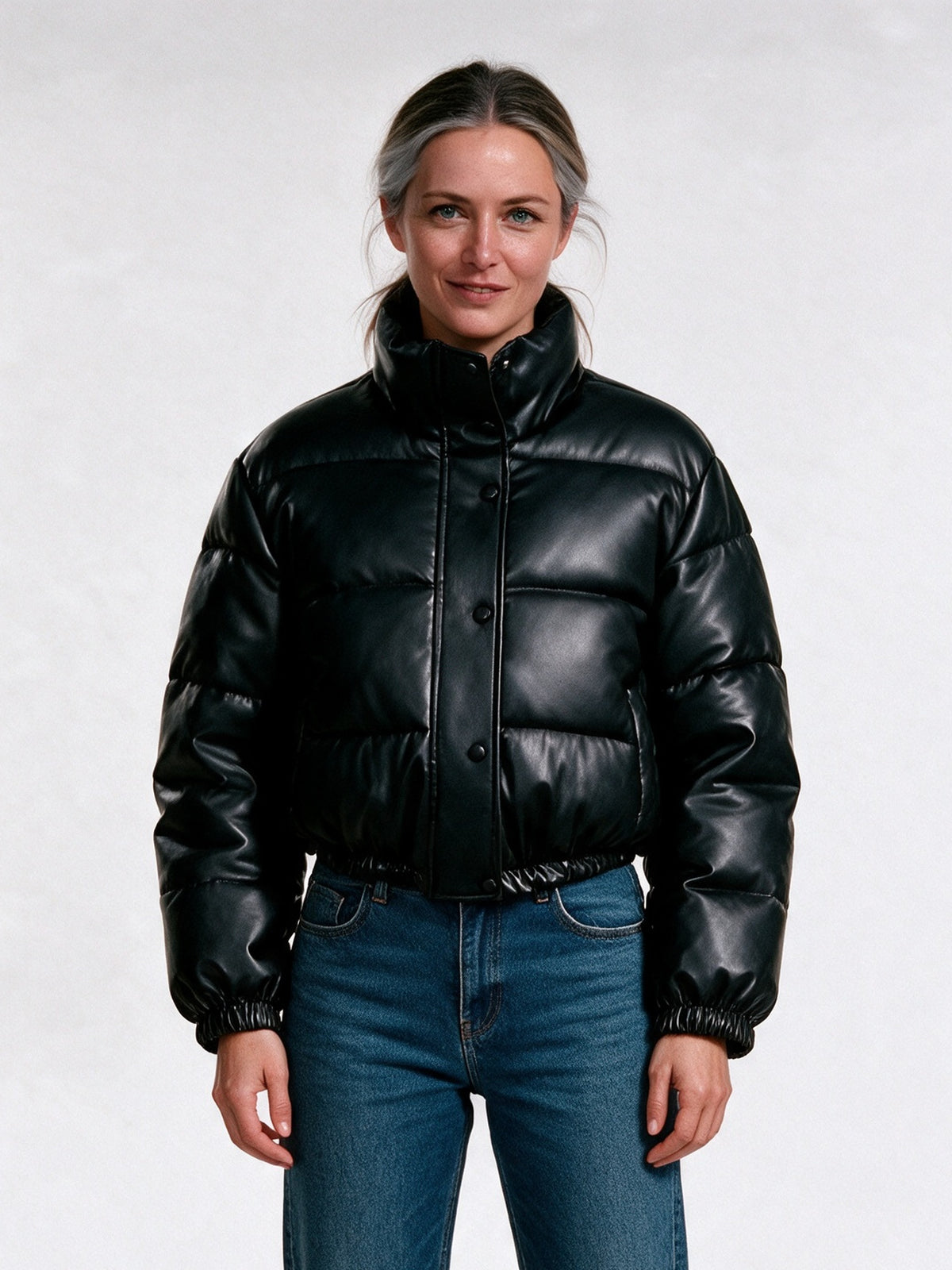 Suellen - Women's Cropped Glossy Quilted Puffer Jacket - view 1