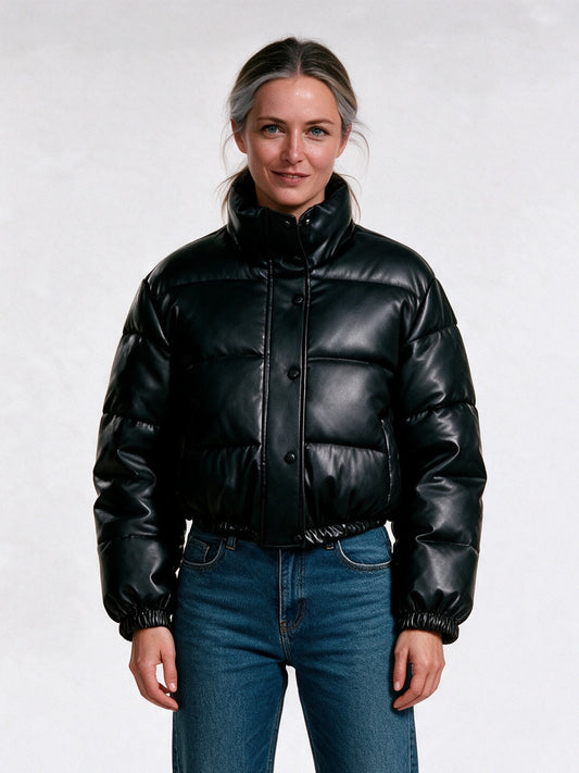 Suellen - Women's Cropped Glossy Quilted Puffer Jacket - view 1