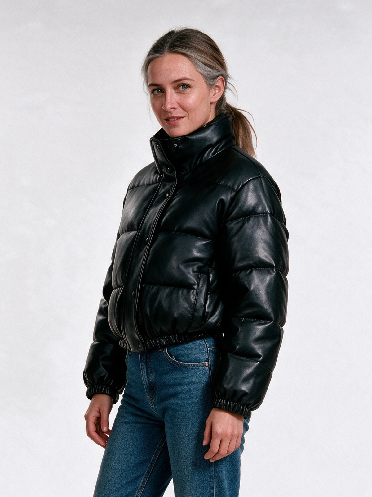 Suellen - Women's Cropped Glossy Quilted Puffer Jacket - view 2