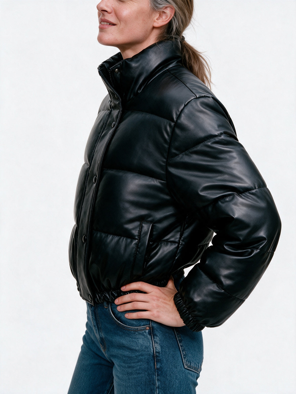 Suellen - Women's Cropped Glossy Quilted Puffer Jacket - view 3