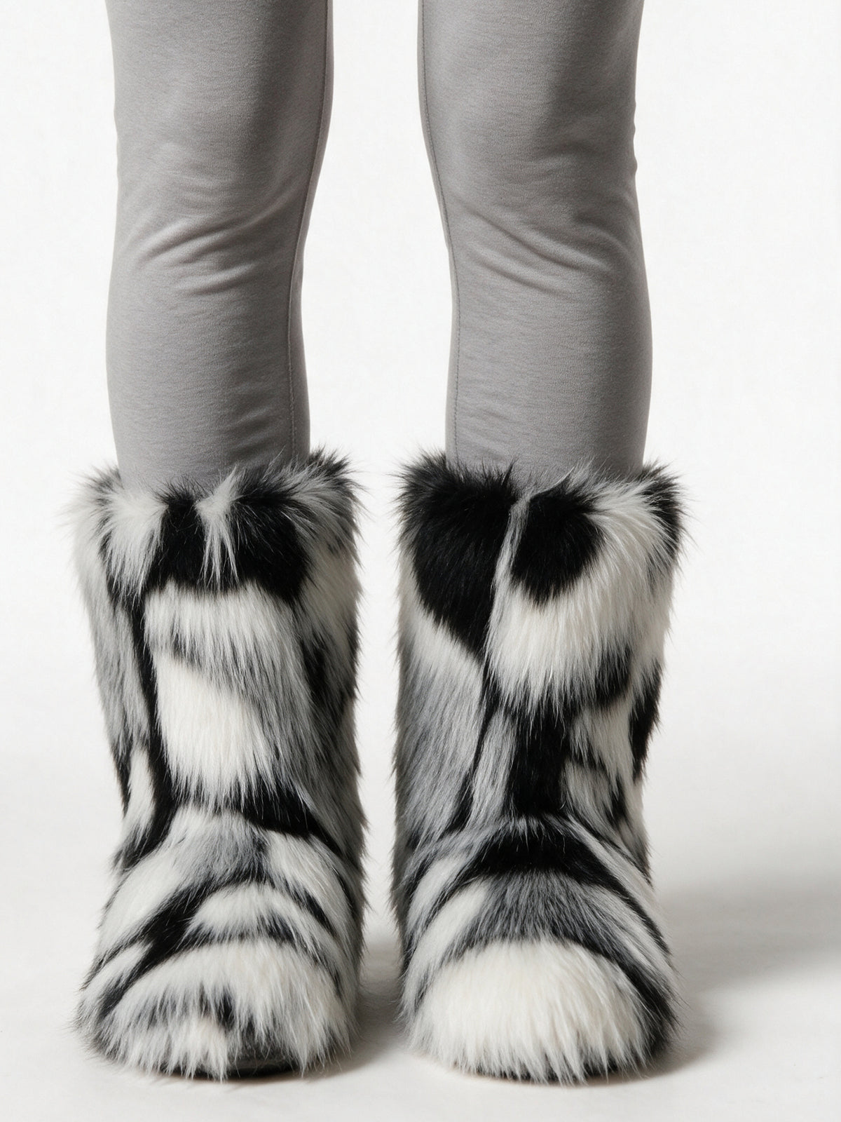 Saga - Women's Fluffy Mid Calf Pull On Boots - Black and White