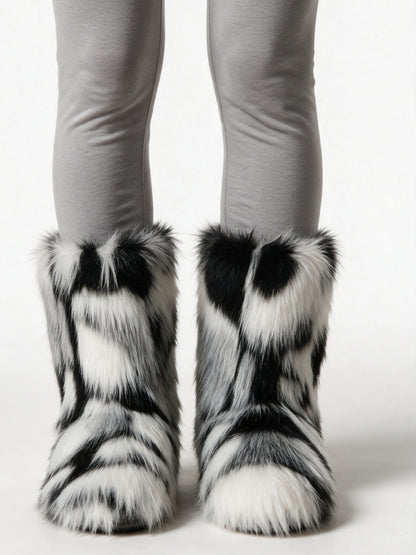 Saga - Women's Fluffy Mid Calf Pull On Boots - Black and White