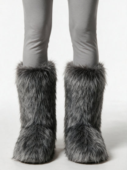 Saga - Women's Fluffy Mid Calf Pull On Boots - Grey