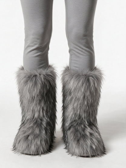 Saga - Women's Fluffy Mid Calf Pull On Boots - Light Grey