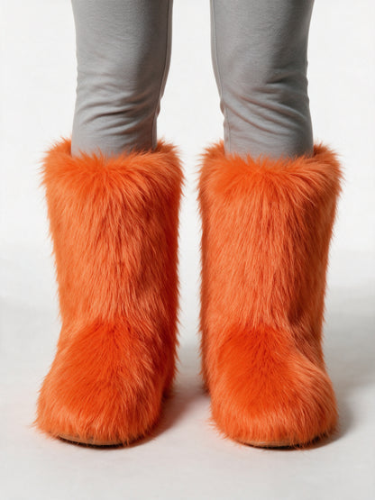Saga - Women's Fluffy Mid Calf Pull On Boots - Orange