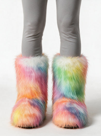 Saga - Women's Fluffy Mid Calf Pull On Boots - Pastel Rainbow
