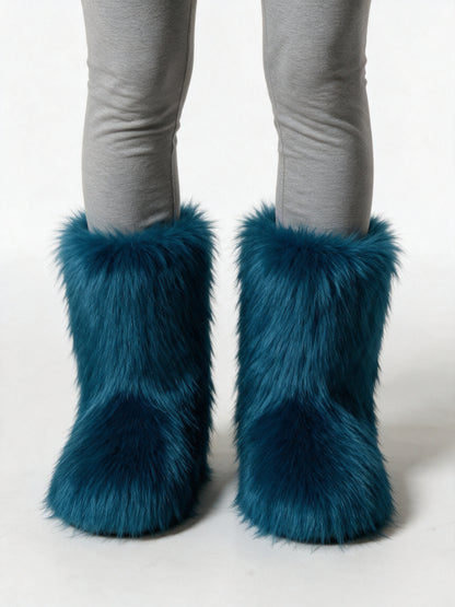Saga - Women's Fluffy Mid Calf Pull On Boots - Petrol Blue