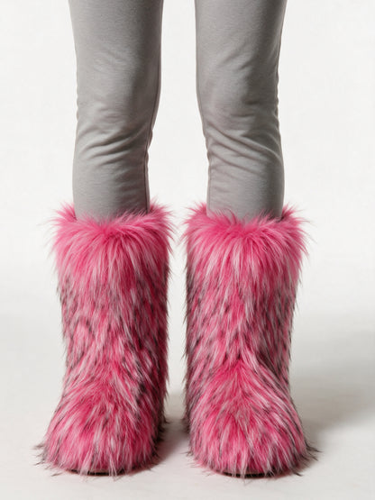 Saga - Women's Fluffy Mid Calf Pull On Boots - Pink Tipped