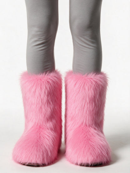 Saga - Women's Fluffy Mid Calf Pull On Boots - Pink