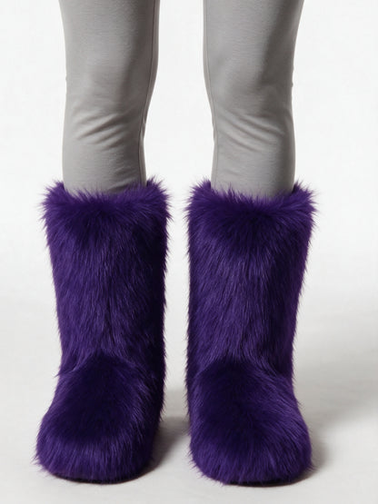 Saga - Women's Fluffy Mid Calf Pull On Boots - Purple