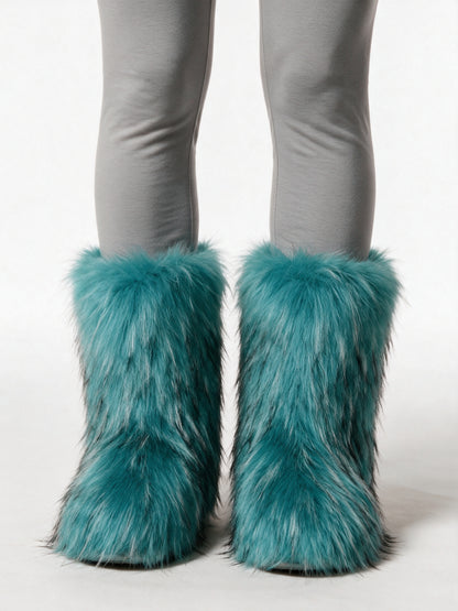 Saga - Women's Fluffy Mid Calf Pull On Boots - Teal