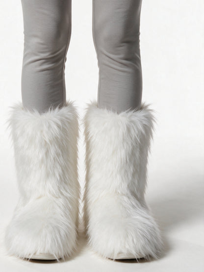 Saga - Women's Fluffy Mid Calf Pull On Boots - White