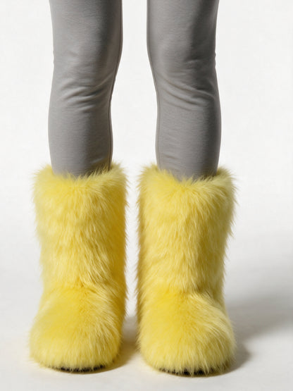 Saga - Women's Fluffy Mid Calf Pull On Boots - Yellow