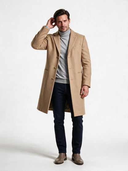 Samuel - Men's Slim Fit Notch Lapel Long Overcoat - Camel