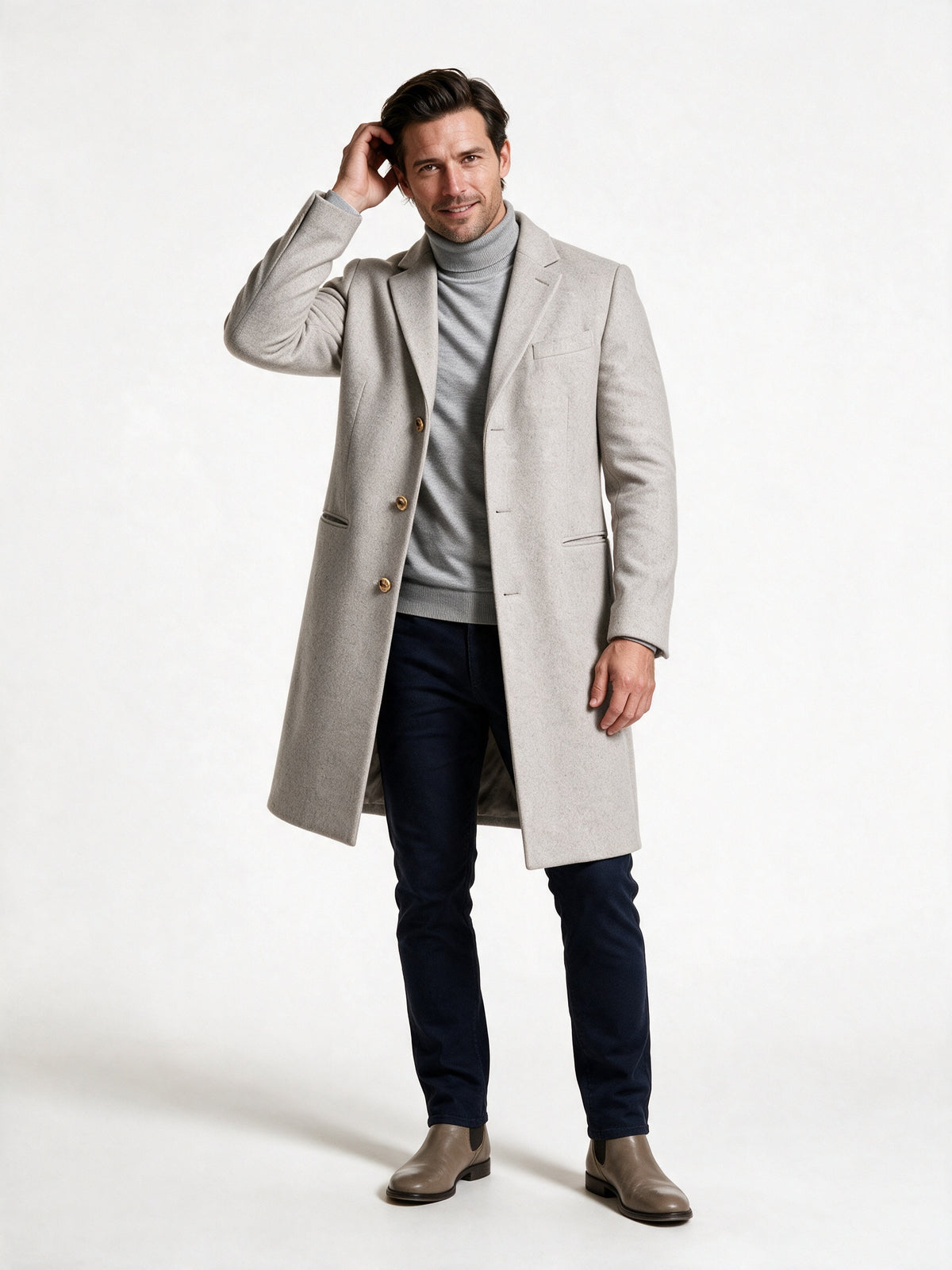 Samuel - Men's Slim Fit Notch Lapel Long Overcoat - Gray