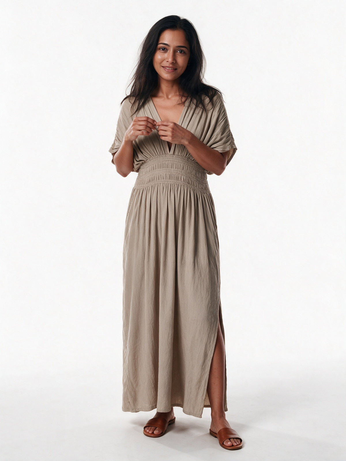 Saoirse - Women's Smocked Waist V-Neck Maxi Dress - Sand