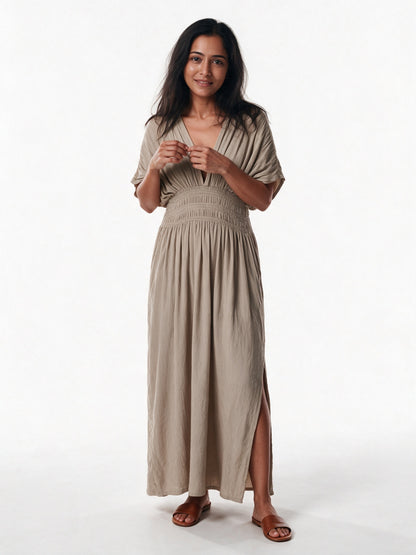 Saoirse - Women's Smocked Waist V-Neck Maxi Dress - Sand