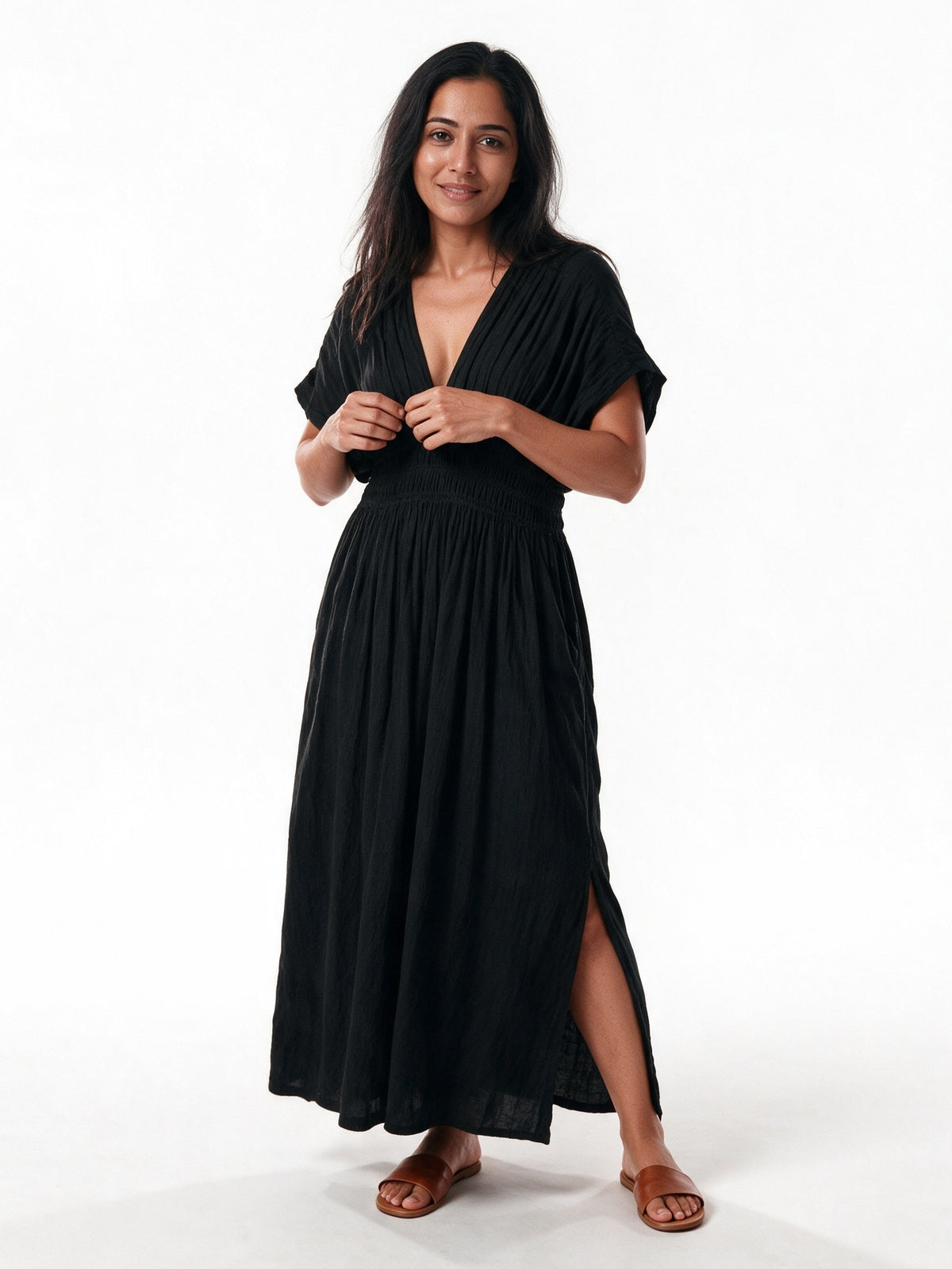 Saoirse - Women's Smocked Waist V-Neck Maxi Dress - view 1