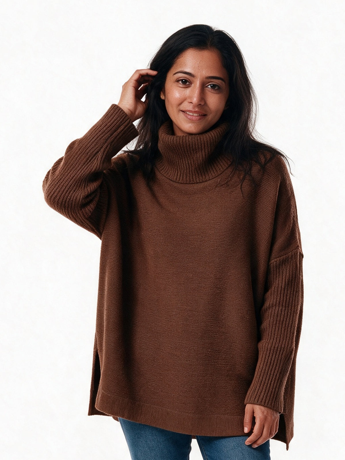 Saskia - Women's Oversized Turtleneck Sweater with Split Hem - Brown