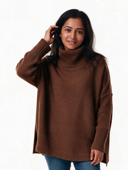 Saskia - Women's Oversized Turtleneck Sweater with Split Hem - Brown