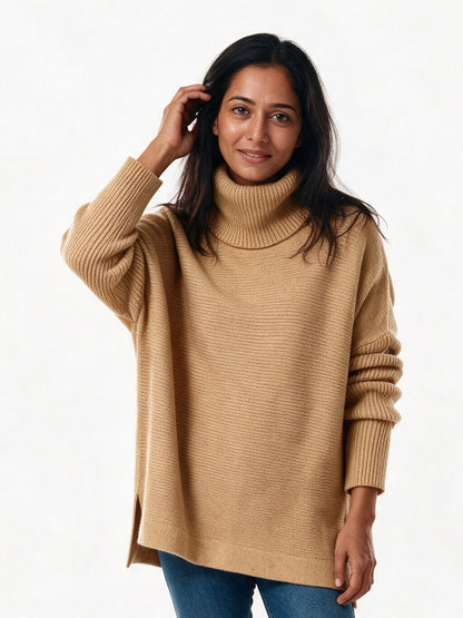 Saskia - Women's Oversized Turtleneck Sweater with Split Hem - Camel