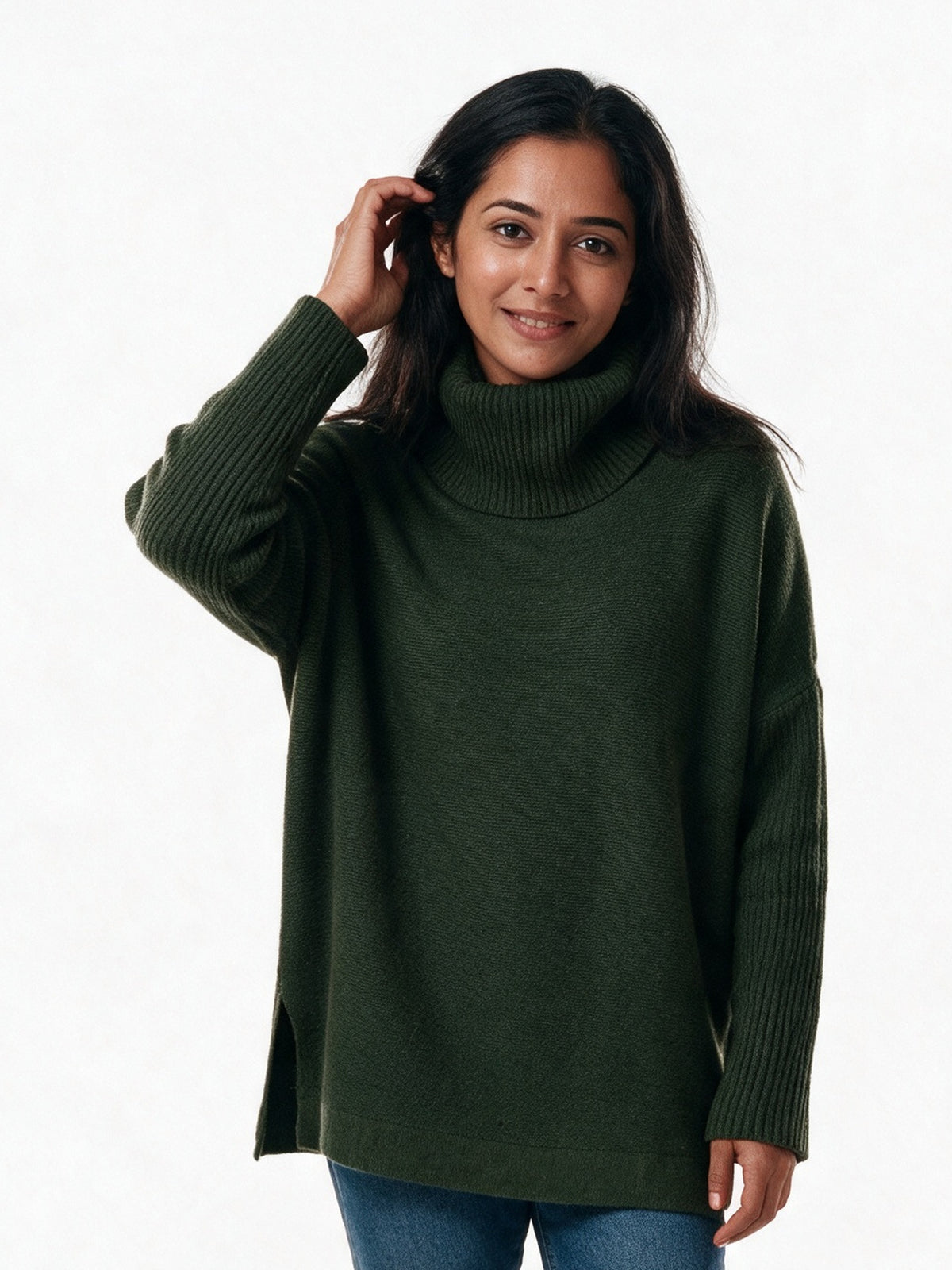 Saskia - Women's Oversized Turtleneck Sweater with Split Hem - Forest Green