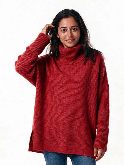 Saskia - Women's Oversized Turtleneck Sweater with Split Hem - Red