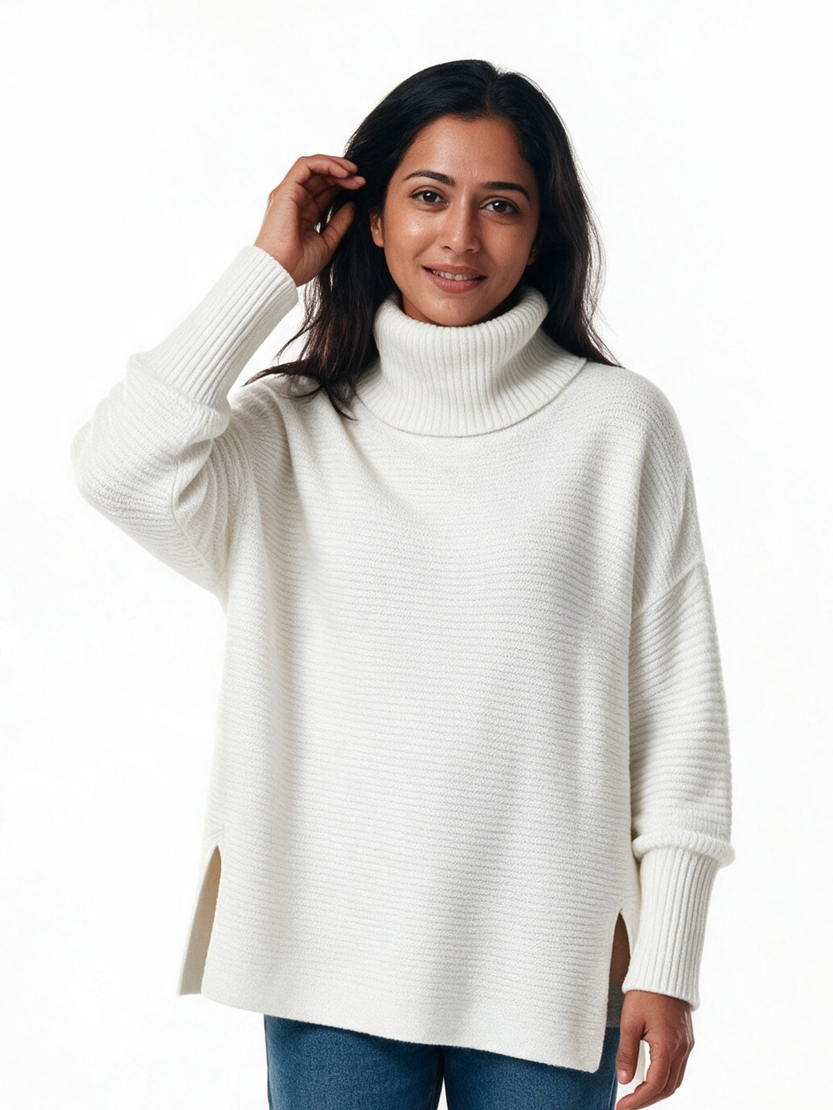 Saskia - Women's Oversized Turtleneck Sweater with Split Hem - White