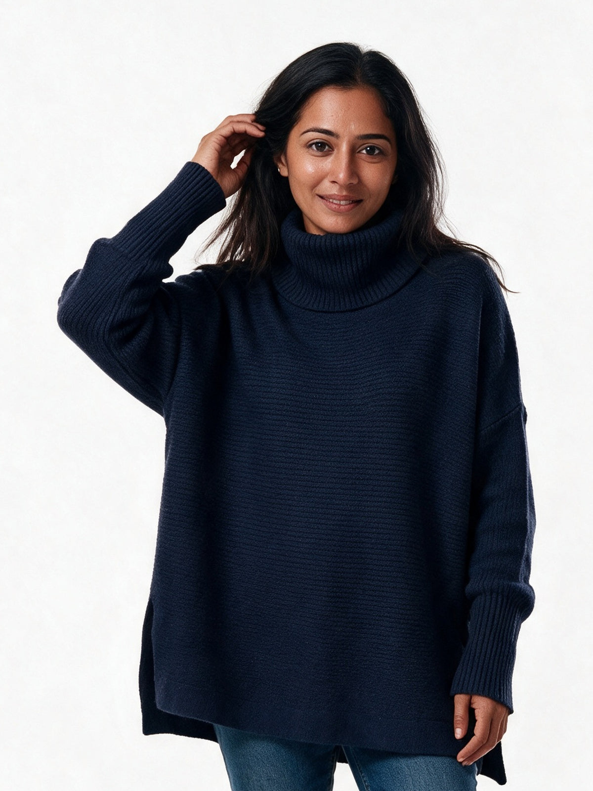 Saskia - Women's Oversized Turtleneck Sweater with Split Hem - view 1