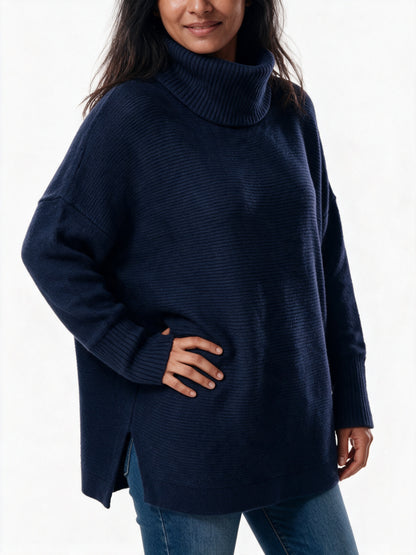 Saskia - Women's Oversized Turtleneck Sweater with Split Hem - view 3