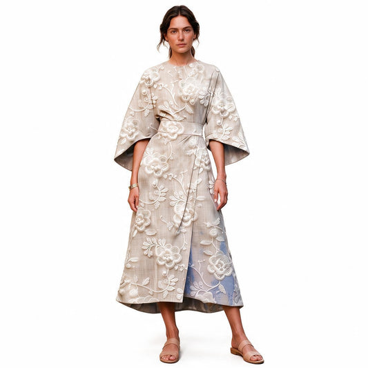 Sayuri - Elegant Floral Kimono Sleeve Midi Dress for Wedding Guests
