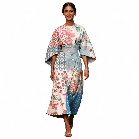 Sayuri - Elegant Floral Kimono Sleeve Midi Dress for Wedding Guests