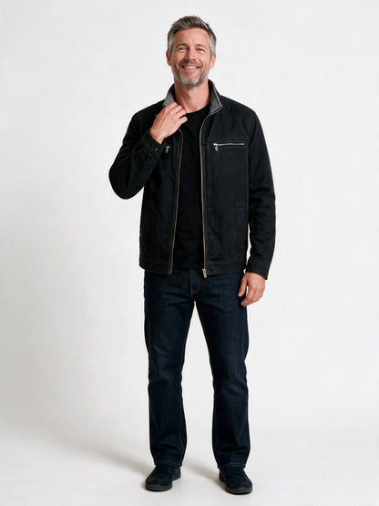 Sebastian - Men's Stand Collar Zip-Up Jacket with Chest Pockets - Black