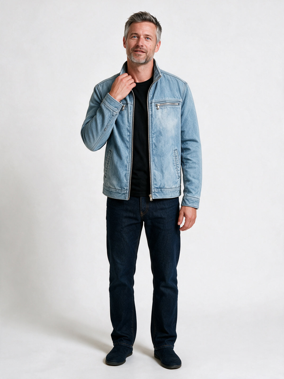 Sebastian - Men's Stand Collar Zip-Up Jacket with Chest Pockets - Blue