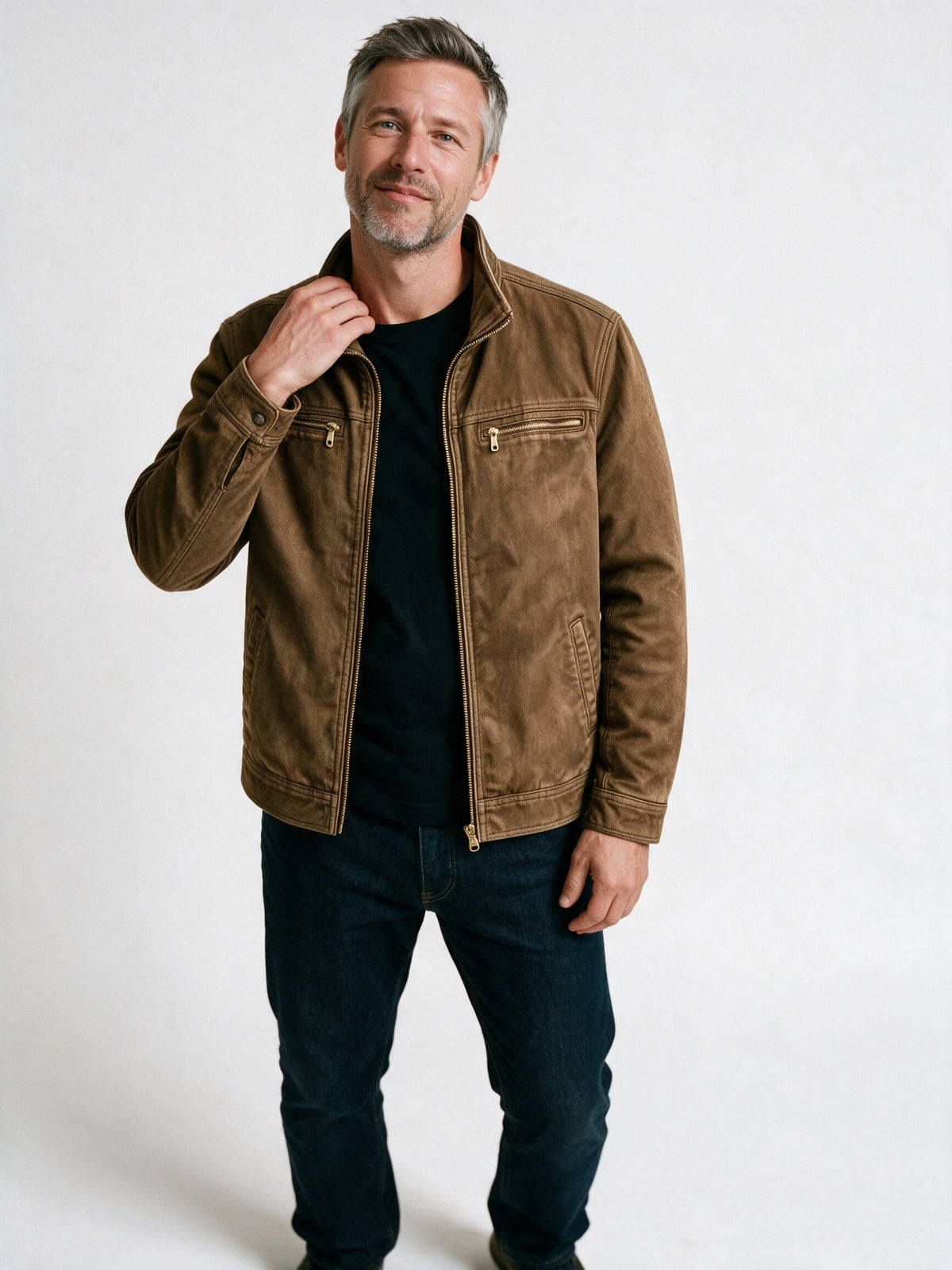 Sebastian - Men's Stand Collar Zip-Up Jacket with Chest Pockets - Brown