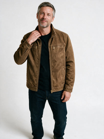 Sebastian - Men's Stand Collar Zip-Up Jacket with Chest Pockets - Brown