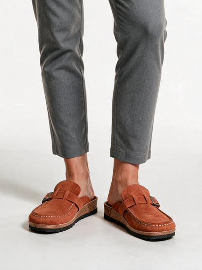 Signe - Women's Cushioned Buckle Strap Slip-On Mules - Rust