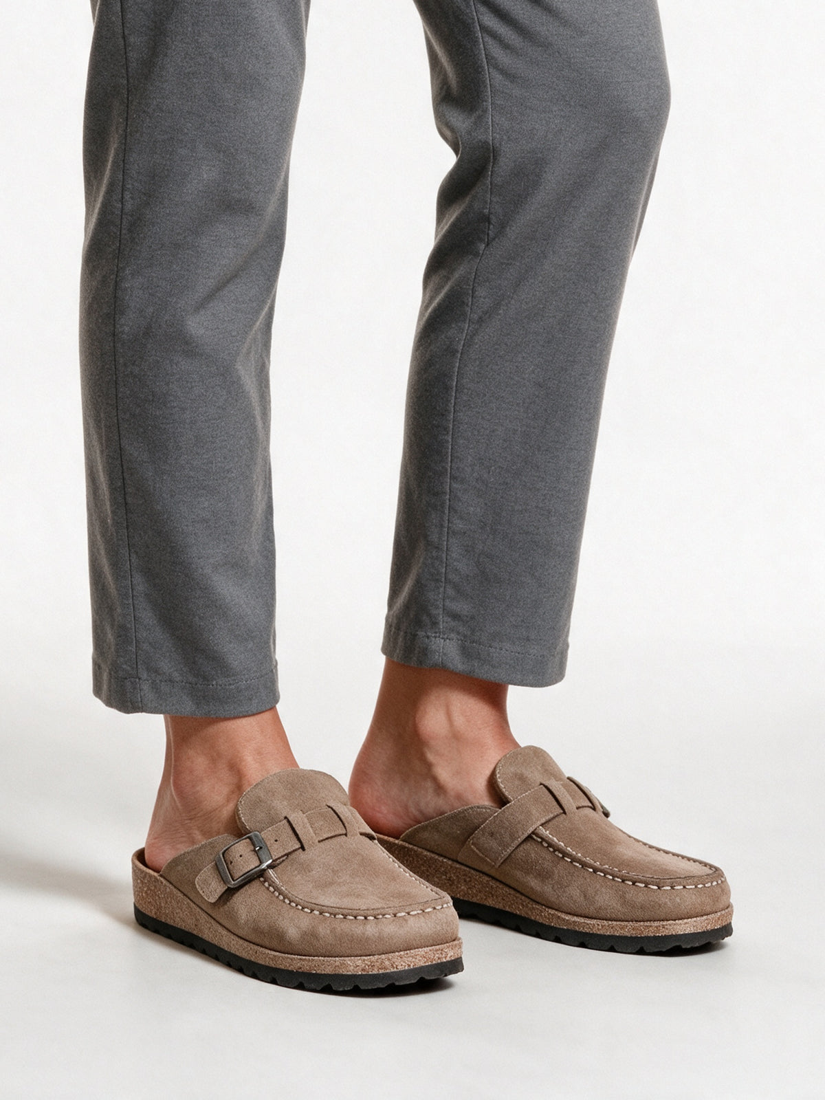 Signe - Women's Cushioned Buckle Strap Slip-On Mules - Taupe