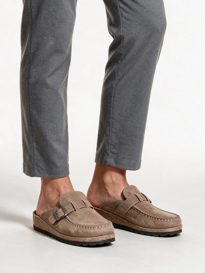 Signe - Women's Cushioned Buckle Strap Slip-On Mules - Taupe
