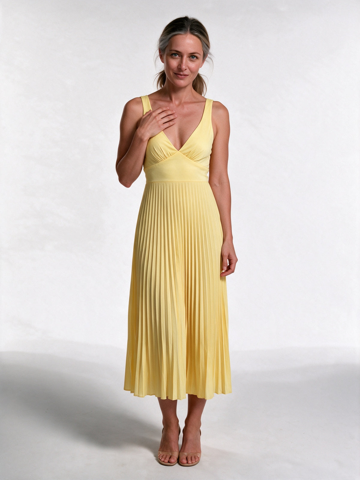 Soleil - Pleated V-Neck Maxi Dress with Strappy Back - view 1