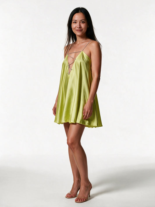 Solene - Women's Flowy Mini Dress with Sparkling Chain Straps - view 2