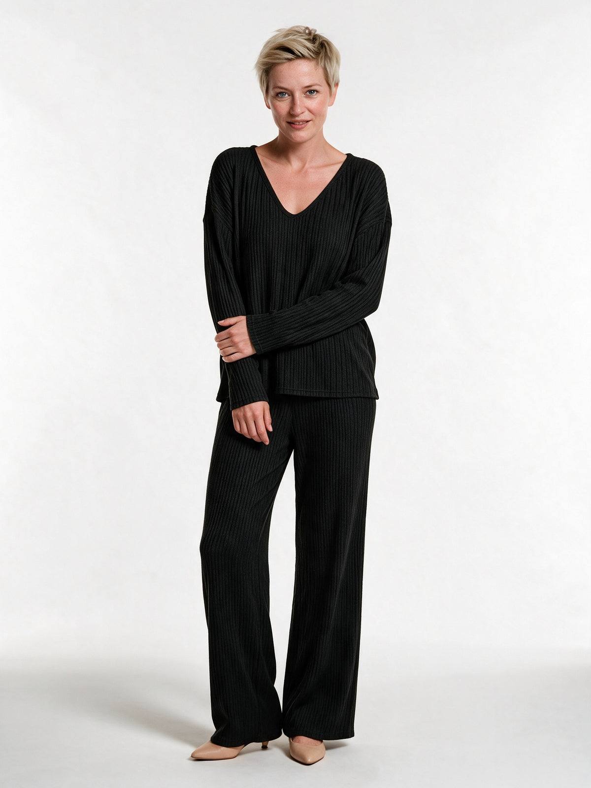 Solenne - Women's Ribbed V-Neck Top and Wide Leg Pants Lounge Set - view 1