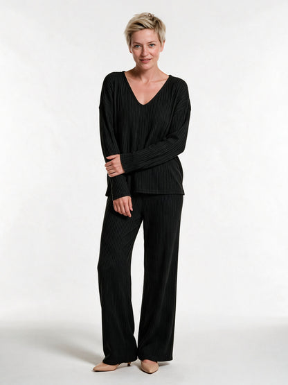 Solenne - Women's Ribbed V-Neck Top and Wide Leg Pants Lounge Set - view 1