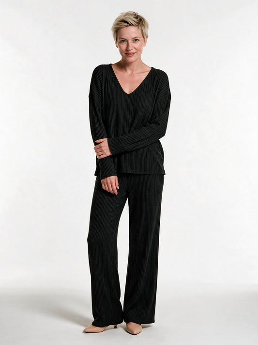 Solenne - Women's Ribbed V-Neck Top and Wide Leg Pants Lounge Set - view 1