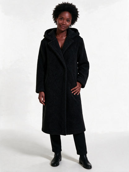 Solveig - Women's Long Hooded Textured Coat - Black