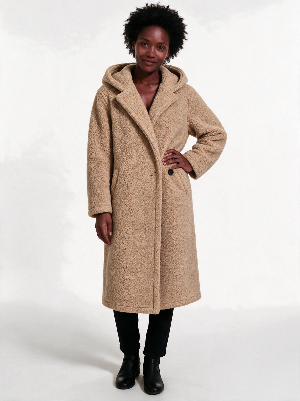 Solveig - Women's Long Hooded Textured Coat - Camel
